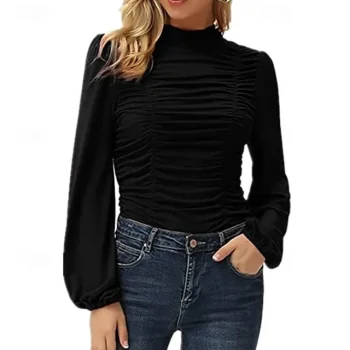T shirt Tee Women's Black White Pink Solid Color Ruched Street Daily Fashion High Neck Regular Fit Puff Sleeve S