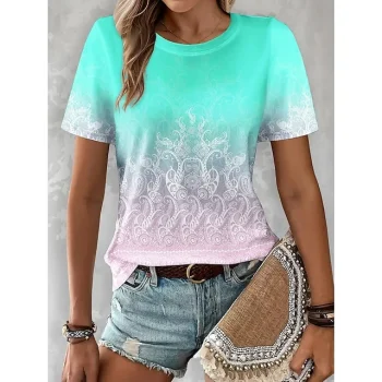 Women's T shirt Tee Paisley Daily Weekend Pink Blue Light Blue Print Short Sleeve Vintage Crew Neck Regular Fit Summer