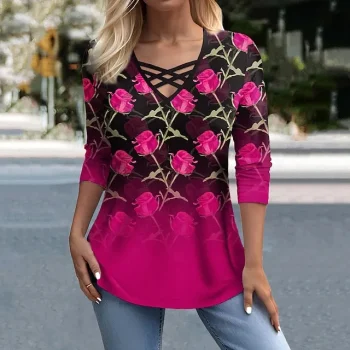 Women's T shirt Tee Rose Floral Casual Holiday Pink Blue Green Print Long Sleeve Fashion V Neck Regular Fit Spring & Fall