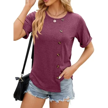 Women's Summer Tops Plain Casual Going out Wine Button Short Sleeve Basic Round Neck Regular Fit Summer Spring