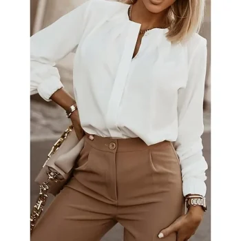 Shirt Blouse Women's White Blue Green Solid Color Ruched Street Daily Fashion Round Neck S