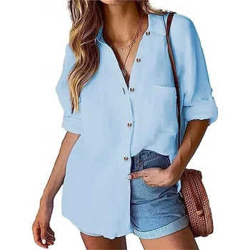 Linen Shirt Shirt Blouse Women's Black White Yellow Solid Color Button Pocket Street Daily Fashion Shirt Collar Cotton Linen Regular Fit S