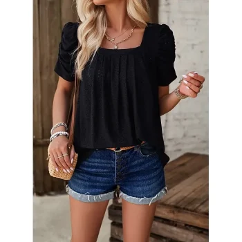 Shirt Blouse Women's Black White Yellow Solid Color Ruched Street Daily Fashion Square Neck S