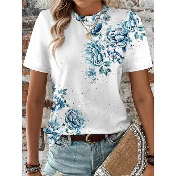 Women's T shirt Tee Floral Daily Weekend Pink Blue Purple Print Short Sleeve Fashion Round Neck Regular Fit Summer