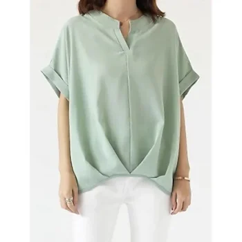 Linen Shirt Shirt Blouse Women's Navy Blue Blue Green Solid Color Ruched Street Daily Fashion V Neck Cotton Linen Regular Fit M