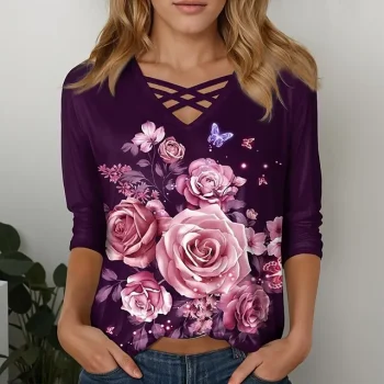 Women's T shirt Tee Floral Casual Holiday Pink Blue Purple Print Long Sleeve Fashion V Neck Regular Fit Spring & Fall