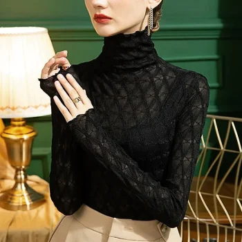 Shirt Blouse Women's Black White Blue Plain Lace Casual Fashion High Neck Slim S