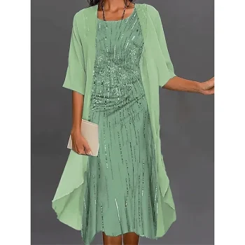 Women's Two Piece Dress Set Casual Dress Chiffon Dress Outdoor Daily Streetwear Modern Print Midi Dress Crew Neck Half Sleeve Plain Print Loose Fit Pink Blue Green Summer Spring S M L XL XXL