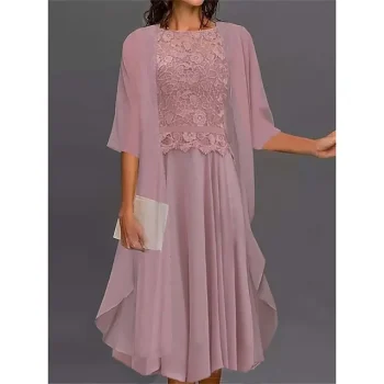 Women's Two Piece Dress Set Casual Dress Lace Dress Outdoor Daily Fashion Elegant Lace Embroidered Midi Dress Crew Neck 3/4 Length Sleeve Floral Regular Fit Pink Summer Spring S M L XL XXL
