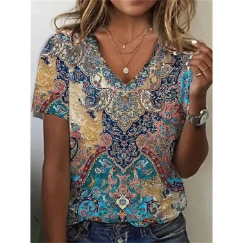 Women's T shirt Tee Graphic Daily Weekend Blue Print Short Sleeve Basic V Neck Regular Fit
