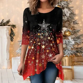 Women's T shirt Tee Sparkly Party Weekend Pink Red Blue Print Flowing tunic Long Sleeve Festival / Holiday Round Neck Regular Fit Spring & Fall