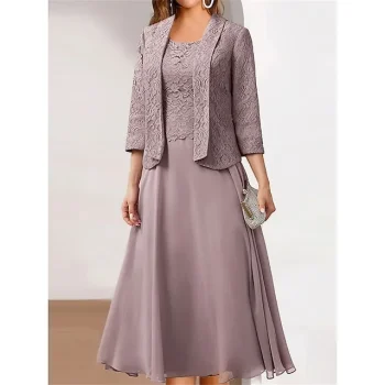 Women's Two Piece Dress Set Party Dress Lace Dress Party Outdoor Fashion Party Lace Patchwork Midi Dress Crew Neck 3/4 Length Sleeve Plain Loose Fit Pink Fall Winter S M L XL XXL