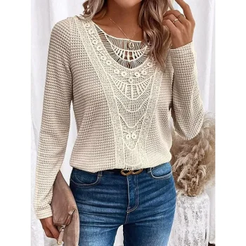Women's Lace Shirt Shirt Blouse Textured Plain Casual Beige Lace Long Sleeve Fashion Round Neck Regular Fit Spring & Fall
