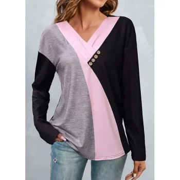 Women's T shirt Tee Color Block Daily Weekend White Yellow Pink Button Long Sleeve Fashion V Neck Regular Fit Spring & Fall