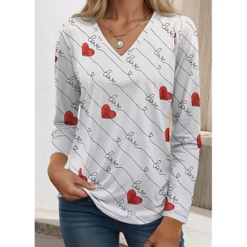 Women's T shirt Tee Heart Valentine Weekend Yellow Red Blue Print Long Sleeve Fashion V Neck Regular Fit Spring & Fall