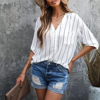 Shirt Blouse Women's Black White Blue Stripes Button Street Daily Fashion Henley Collar S